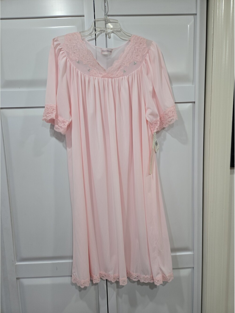 Shadowline Gathered Bodice Short Sleeve Nightgown Nylon & Lace Women's Size L
